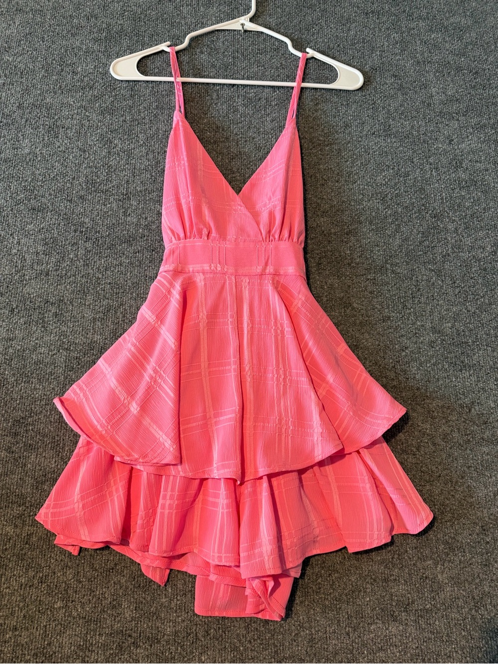 Pink Lily Hot Pink Tiered Spaghetti Strap Mini romper